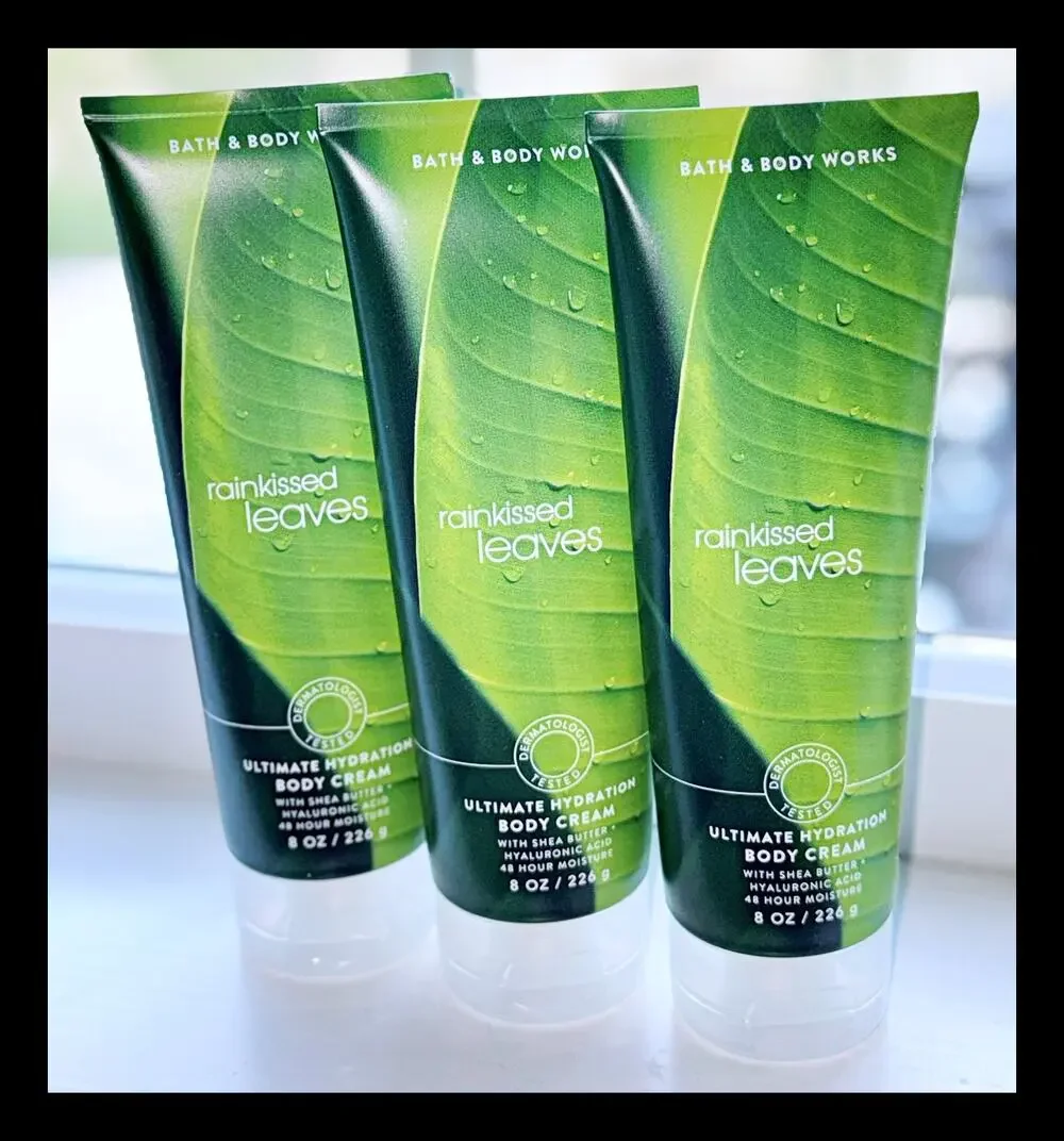 Bath & Body Works Rainkissed Leaves 8 oz Ultimate Hydration Body Cream x3